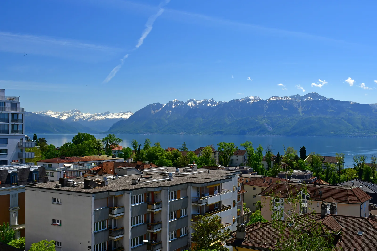 Lausanne rooftops overlooking Lake Geneva and the snow-capped Alps